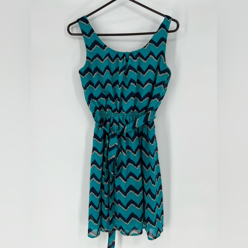 AS U WISH TEAL DRESS FULLY LINED SLIP OVERHEAD W/SASH AT WAIST, FUN AND CASUAL